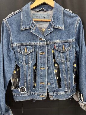 Repurposed Denim Jacket with Sheer Daisy Back Panel by Jagged Threads